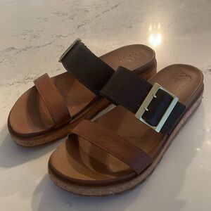 Sorel Brown and Black Slide Sandals with Gold Buckle, barely worn